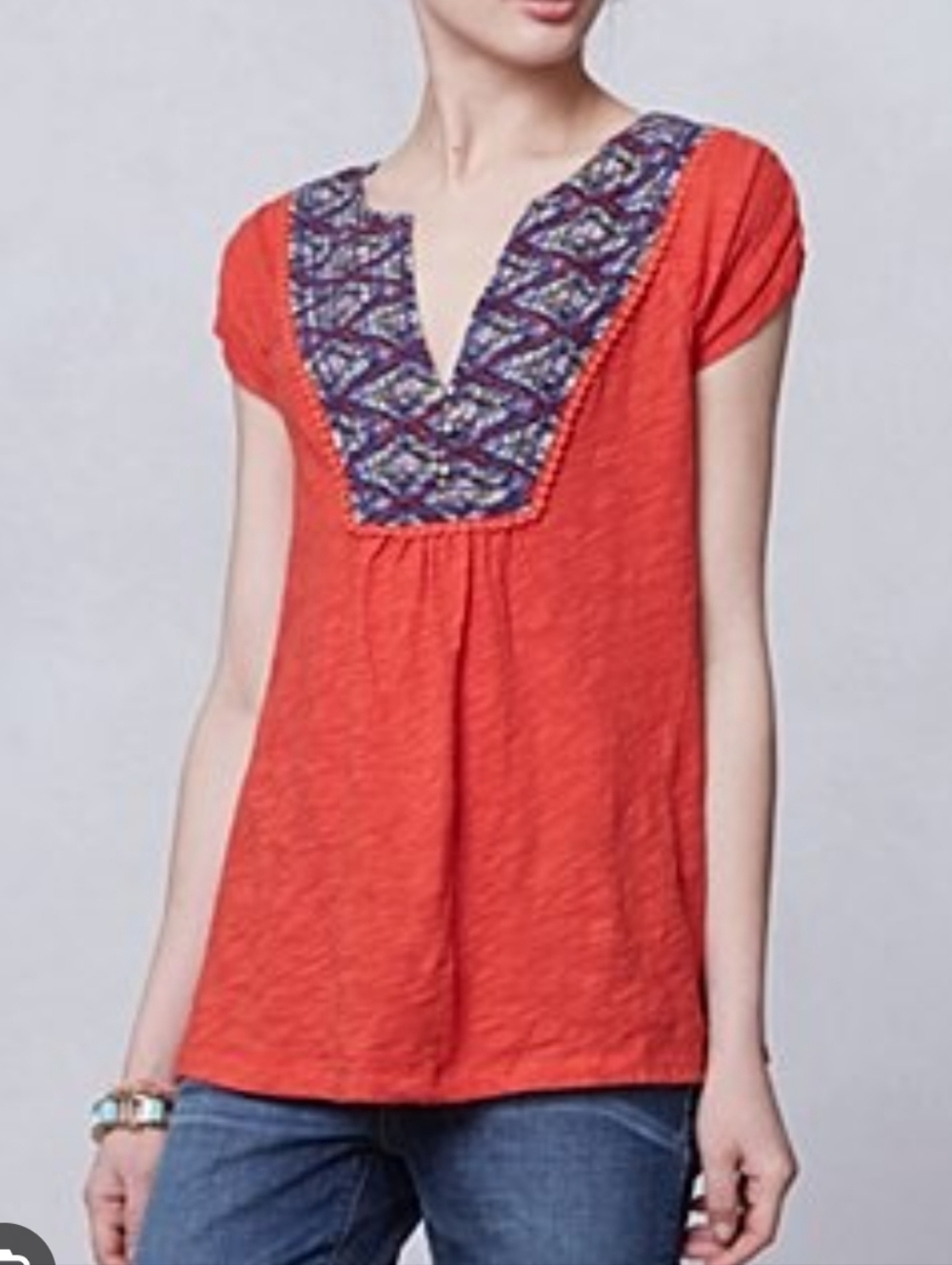 Anthropologie Meadow Rue Red Blouse w/ Colorful Trim, Lace & Buttons, XS